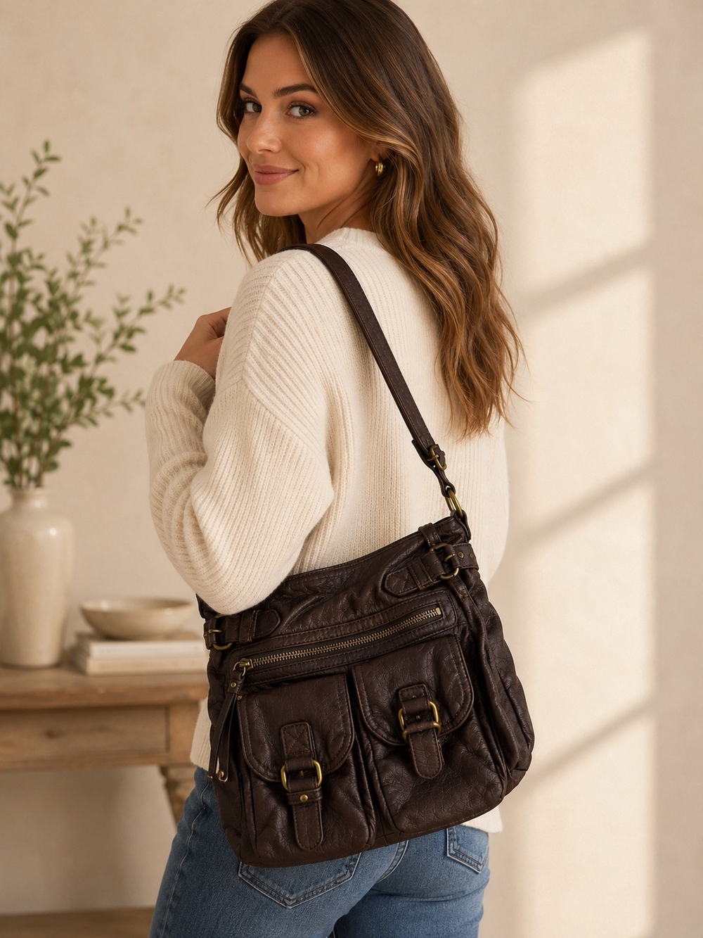 🤎 Scarleton NWT Brown Multi-Pocket Shoulder Bag | Boho Casual Everyday Purse